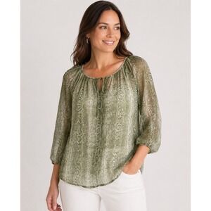 Hearts of Palm Sheer Snake Print Peasant Blouse Green Size 12 Boho Top